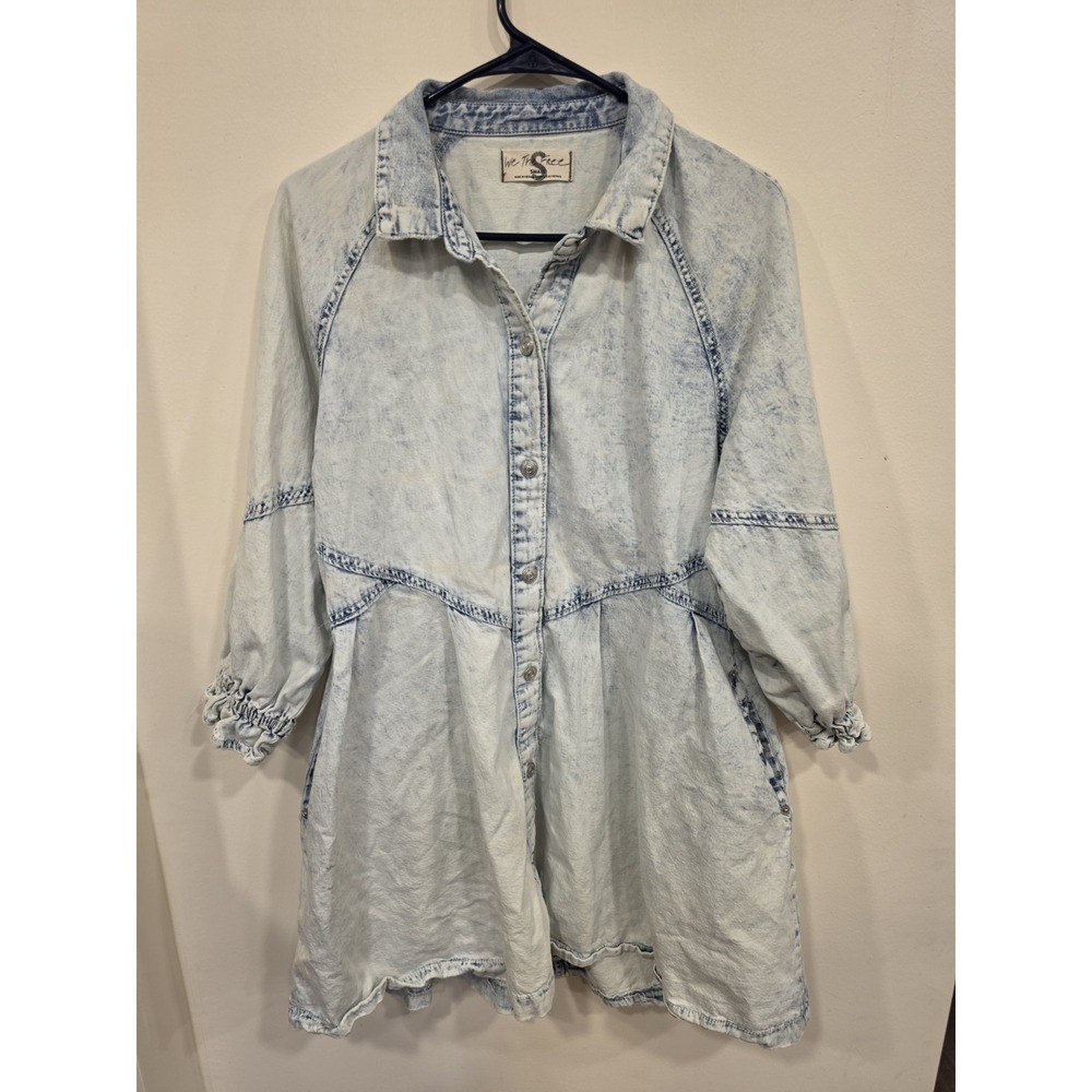 We The Free Hannah Denim Shirtdress Mini Dress SM Acid Wash Layering Oversized